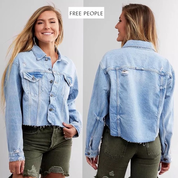 MWT Free People Amelia Slouchy Denim Jacket XS Distressed Cropped Blue Trucker - Picture 4 of 16
